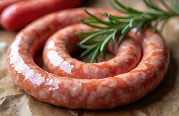 Close-up of fresh raw sausages with marbled texture, coil shape. Rosemary herb. Butchery, homemade, traditional, delicious meal, grilling, bbq concept.