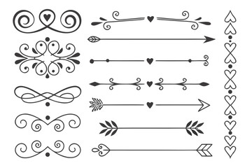 Fototapeta premium Decorative Arrows and Floral Swirls in Hand-Drawn Elegant Black Vector. Vintage Divider Collection for Layout Projects, Wedding Invitations, and Posters.