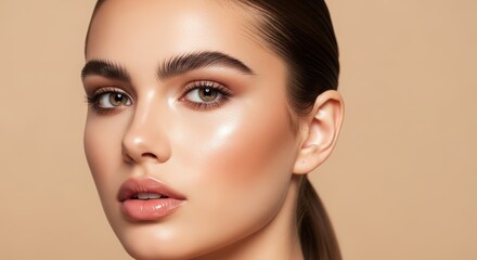 Fototapeta premium Radiant Skin Close-up Portrait of a Woman with Natural Makeup and Glowing Complexion