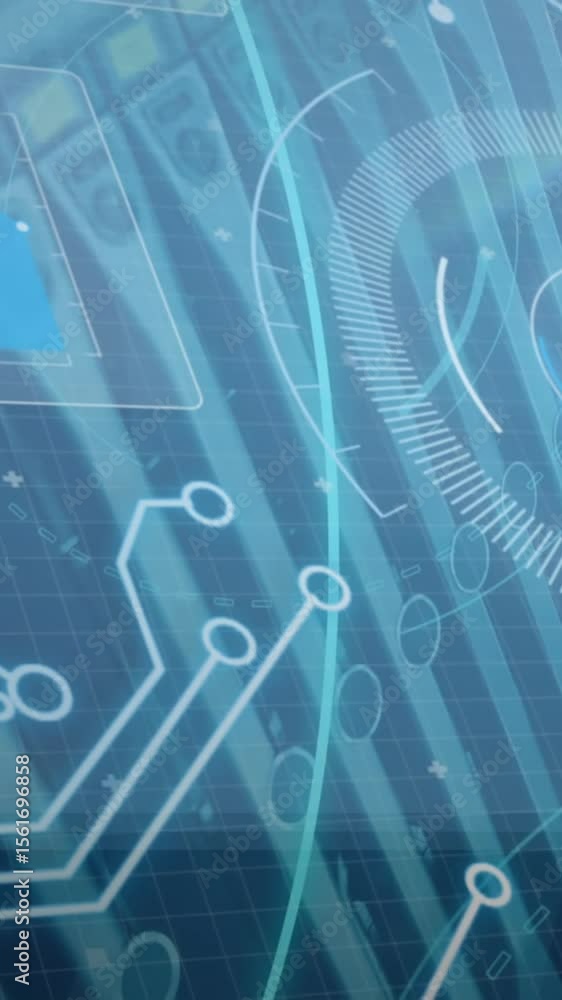 Poster animation of 5g text, round scanners and data processing against close up of a computer server