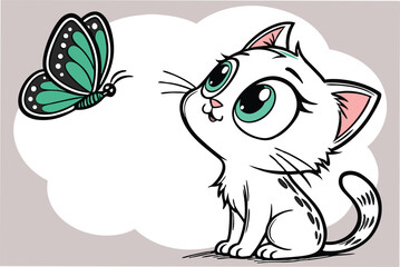 Adorable kitten sitting with butterfly on nose cute animal illustration