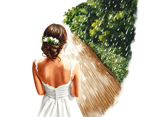 The bride stands in a Rainy Day Love, watercolor illustration.