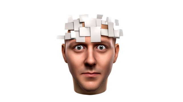 Surprised head with square paper notes around it, cut out transparent