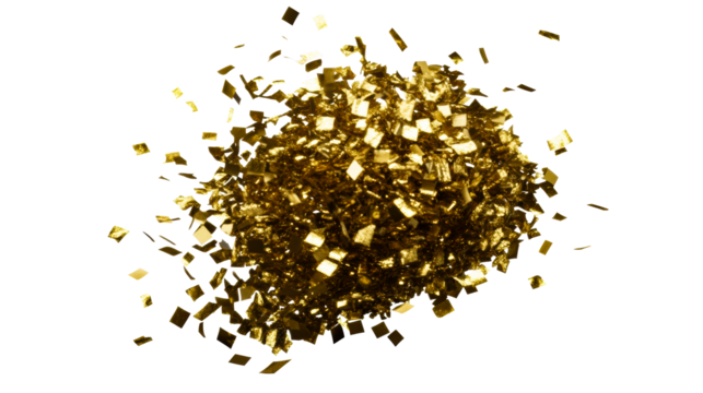 Heap of sparkling golden confetti squares isolated, cut out transparent