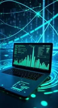 Laptop with data visualization on screen in futuristic neon background