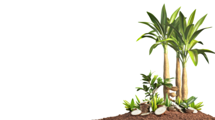 Money tree and coins growing in soil representing wealth, cut out transparent