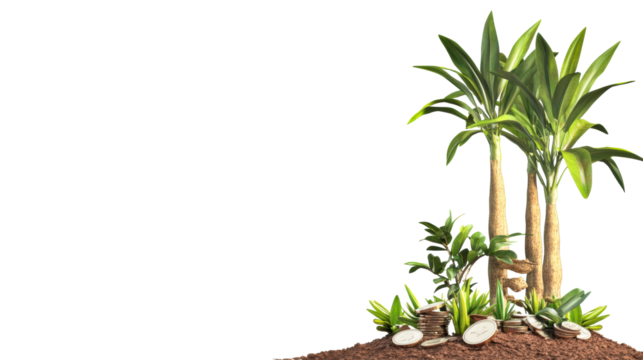 Money tree and coins growing in soil representing wealth, cut out transparent