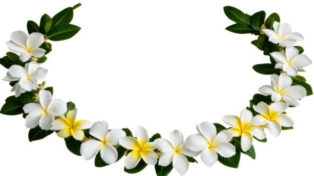 Tropical plumeria flower frame with green foliage, cut out transparent - Powered by Adobe