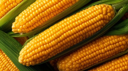 top view closeup of fresh corn cobs in leaves high quality food background