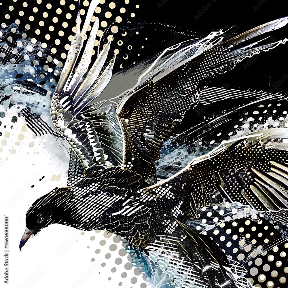 Poster abstract avian flight depicted with halftone textures and monochrome visual contrast design