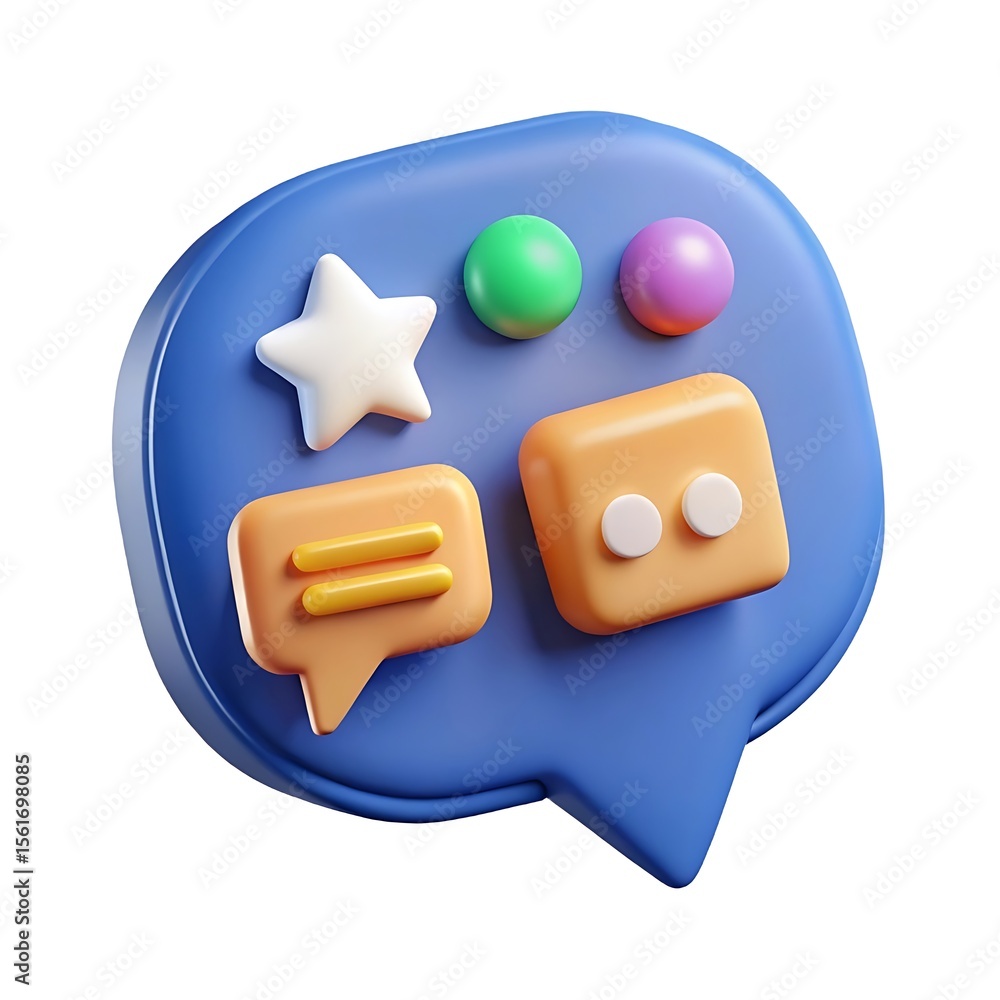 Fototapete 3d rendering of a blue speech bubble icon with various chat elements and symbols isolated on white b