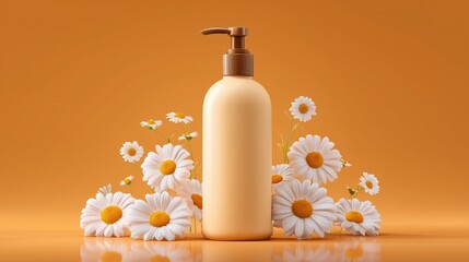 lotion pump bottle mockup with daisies on soft orange background in studio light