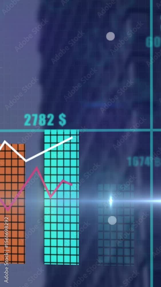 Poster animation of statistical data processing over grid network against tall building