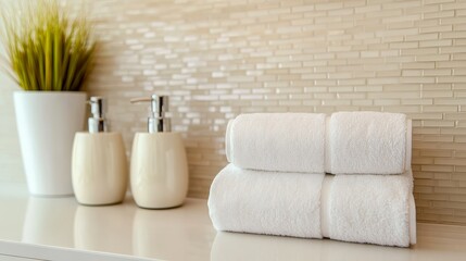 Elegant Spa Bathroom Interior Display with Lush Green Plants and Fresh White Towels for Relaxation