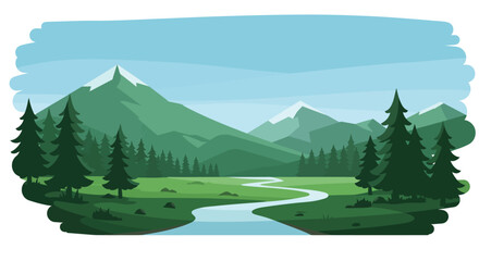 Serene Mountain Landscape with River and Pine Trees in a Flat Design Style