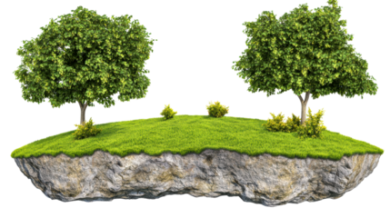 Levitating green island with trees and bushes, cut out transparent