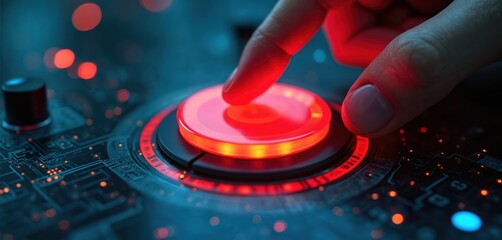 Close-up of finger pressing large red button. Symbol of action, decision, power, urgent alert, emergency. High-tech digital interface. Abstract background concept shows control.