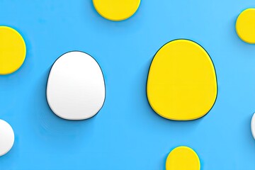 Bright, stylized eggs on a vibrant blue background.  Several  large, simple, rounded,  yellow and white eggs.  Flat,  cartoonish,  minimal design