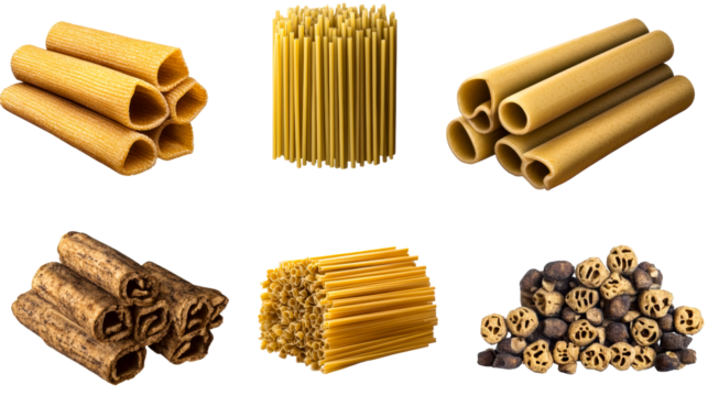 Variety of uncooked pasta shapes, pile of noodles, isolated, cut out transparent