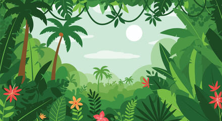 Lush Tropical Jungle Illustration with Palm Trees Flowers and Vines under a Pale Blue Sky