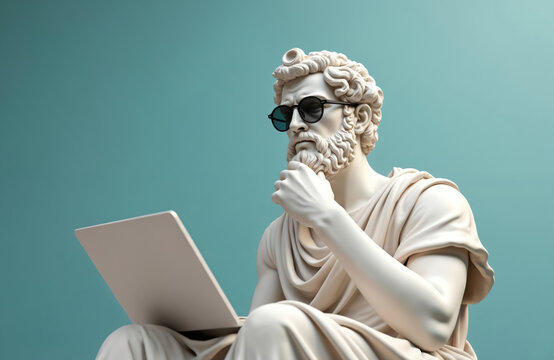 Illustration features marble statue of greek businessman with sunglasses. He is using laptop, thinking and working. Pastel color background. Concept combines ancient history modern tech and lifestyle.