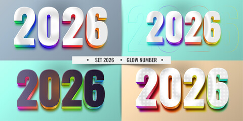 Four distinct 3D number sets of the year 2026 with colorful gradient lighting and different backgrounds