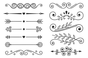 Fototapeta premium Hand-Drawn Arrows and Swirls with Floral Accents in Elegant Black Vector. Ornamental Decorative Borders for Invitations, Posters, and Layout Design.