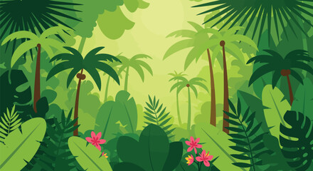 Lush Tropical Jungle Background with Palm Trees Exotic Flowers and Dense Green Foliage Illustration