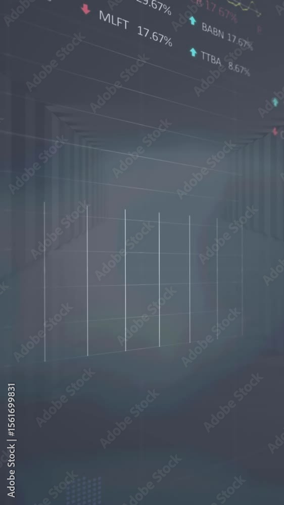 Poster animation of statistical and stock market data processing against computer server room