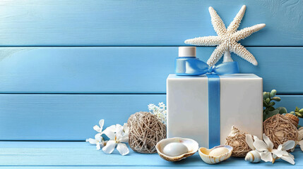 Fototapeta na wymiar Pastel blue studio background, top view of spa with cosmetics and seashells on a wooden table, space for text