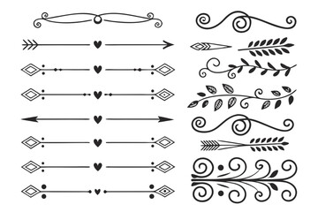Black Vector Swirl and Arrow Dividers Featuring Floral Accents in Hand-Drawn Ornamental Style. Elegant Decorative Borders for Invitations and Posters.

