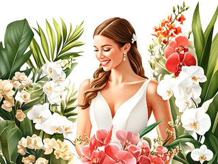 The bride stands in an orchid garden filled with rare blooms, watercolor illustration.
