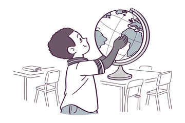 Young Explorer and the Globe: A curious young student gazes intently at a globe, sparking a world of exploration and learning within a classroom setting.
