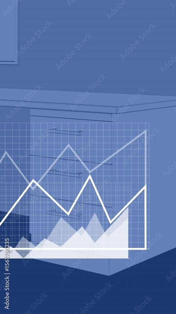 Poster animation of statistical data processing and multiple digital icons against empty office