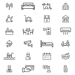 Collection of hotel amenities and services icons including room service and security features displayed