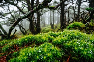 Lush, mossy forest floor blanketed in moisture
