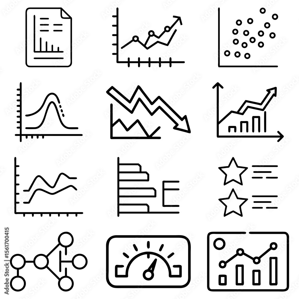 Poster collection of twelve different types of black and white data visualization chart and graph icons set
