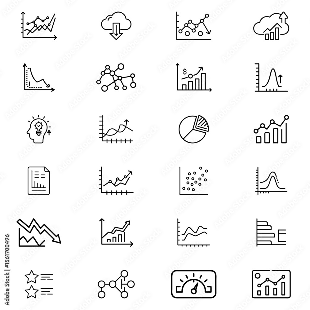 Poster collection of various data visualization icons including graphs charts and diagrams displayed in a g