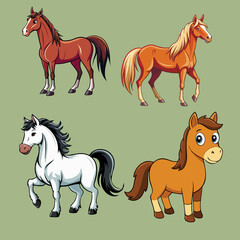 Four Cartoon Horses in Different Colors and Poses