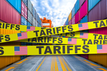 Shipping containers fenced off with United States tariff tape