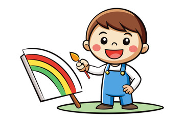 Rainbow Artist: A cheerful young artist, brush in hand, brings a vibrant rainbow to life on his easel, his eyes sparkling with creativity and joy.