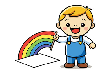 Creative Kid & Rainbow: A cheerful young child, filled with glee, paints a vibrant rainbow on a fresh canvas, showcasing the joy of artistic expression and imagination.