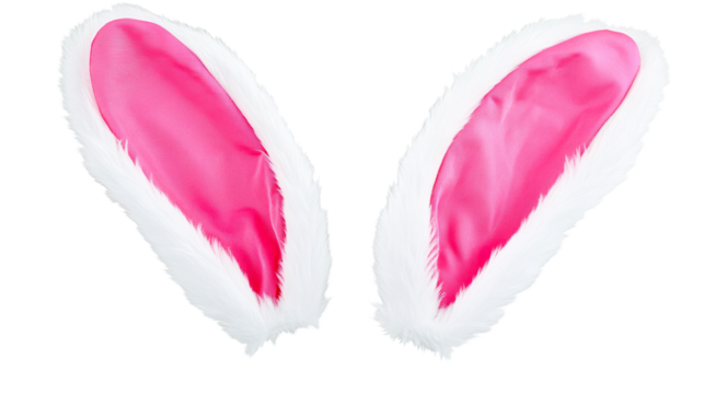 Fluffy white rabbit ears with pink fabric, cut out transparent