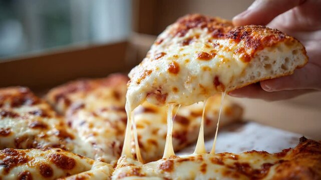 Delicious cheese pizza slice being lifted from the box