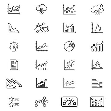 Collection of various data visualization icons including graphs charts and diagrams displayed in a grid layout