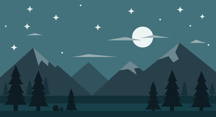 Minimalist Night Landscape with Mountains Trees Moon and Stars in Flat Design Style