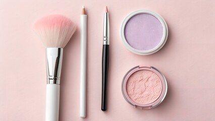 Flat lay of makeup essentials including a fluffy pink brush white pencil black brush and two compacts of pressed powder on a pastel pink background