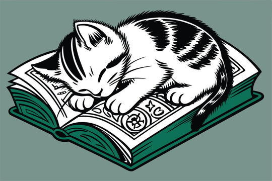 Cute kitten peacefully sleeping on an open book with a nerdy vibe