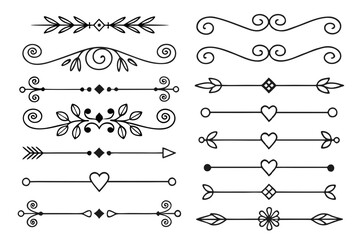 Black Vector Decorative Dividers with Elegant Arrows, Curved Swirls, and Hand-Drawn Floral Accents. Vintage Line Art for Invitations and Layout Templates.

