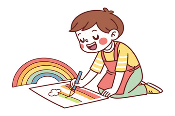 Creative young artist: A charming young artist, filled with joy, brings a rainbow and a cloud to life with brushstrokes, illustrating the wonders of a child's imagination